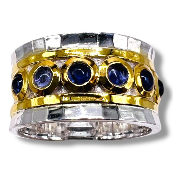 Blue Iolite Goddess Empress Ring, Silver & Vermeil, sz 9, 7