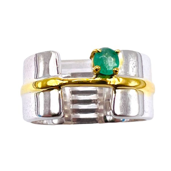 Green Emerald Open Band Ring | Silver & Gold Vermeil, sz 7