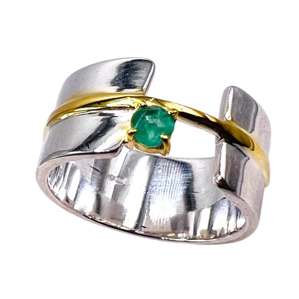 Green Emerald Open Band Ring | Silver & Gold Vermeil, sz 7 - Image 9