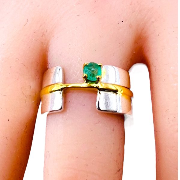 Green Emerald Open Band Ring | Silver & Gold Vermeil, sz 7 - Image 13