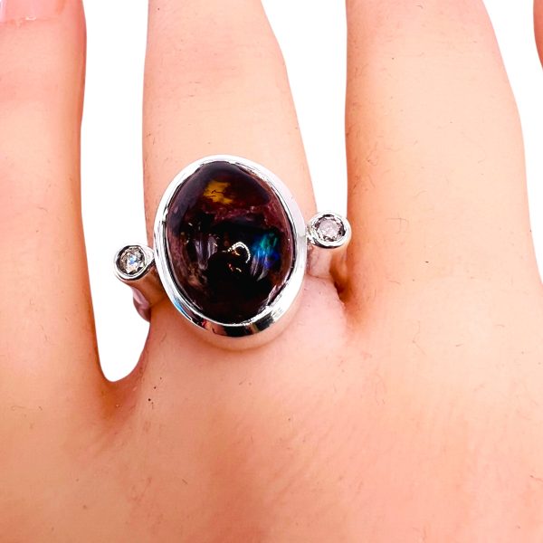 Burgundy Mexican Opal & Diamond Ring, Sterling Silver sz 7 - Image 12