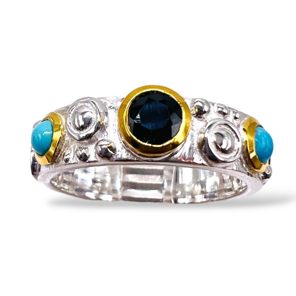 Sterling Silver Gold Vermeil Sapphire & Turquoise Ring, sz 8