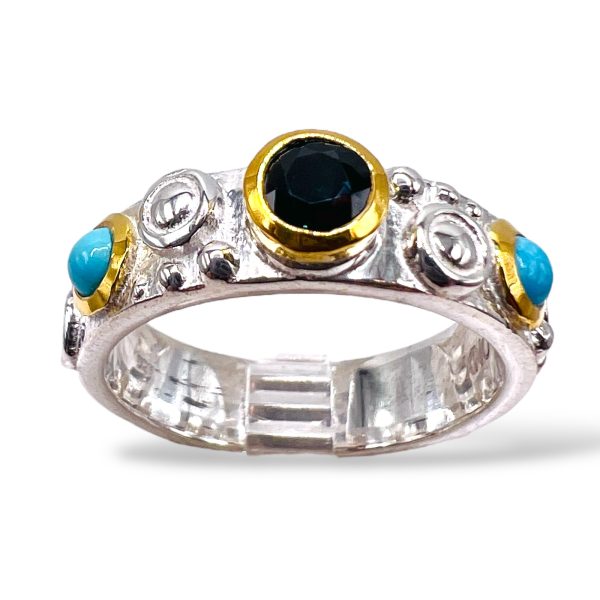 Sterling Silver Gold Vermeil Sapphire & Turquoise Ring, sz 8 - Image 5