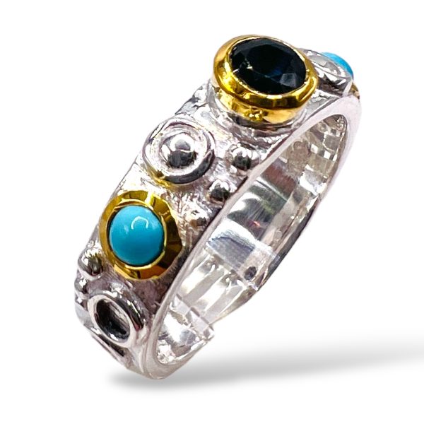 Sterling Silver Gold Vermeil Sapphire & Turquoise Ring, sz 8 - Image 3