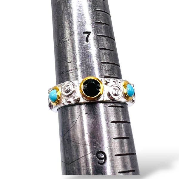 Sterling Silver Gold Vermeil Sapphire & Turquoise Ring, sz 8 - Image 4