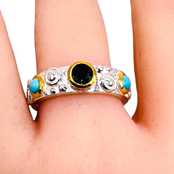 Sterling Silver Gold Vermeil Sapphire & Turquoise Ring, sz 8 - Image 11