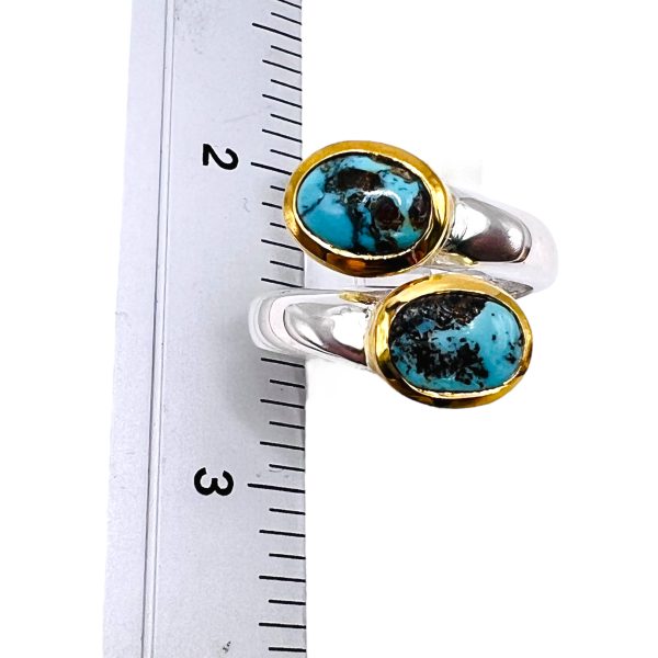 Persian Turquoise Bypass Ring | Silver & Gold Vermeil, sz 7 - Image 9