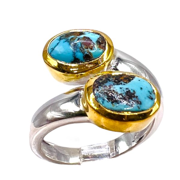 Persian Turquoise Bypass Ring | Silver & Gold Vermeil, sz 7