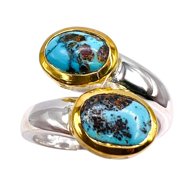 Persian Turquoise Bypass Ring | Silver & Gold Vermeil, sz 7 - Image 3