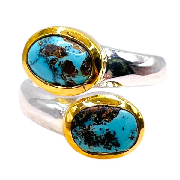 Persian Turquoise Bypass Ring | Silver & Gold Vermeil, sz 7 - Image 8