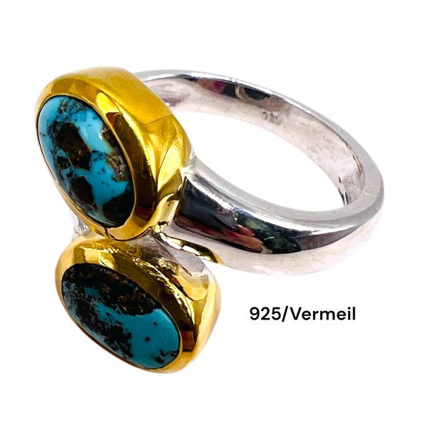 Persian Turquoise Bypass Ring | Silver & Gold Vermeil, sz 7 - Image 2