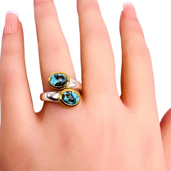 Persian Turquoise Bypass Ring | Silver & Gold Vermeil, sz 7 - Image 10