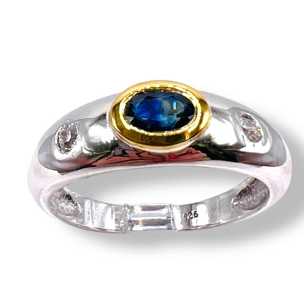 Men's Sapphire Diamond Ring, Silver & Gold Vermeil sz 10.25