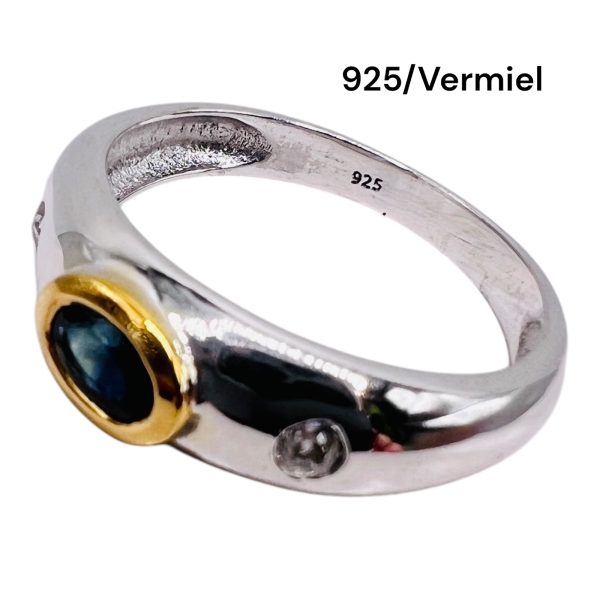 Men's Sapphire Diamond Ring, Silver & Gold Vermeil sz 10.25 - Image 9