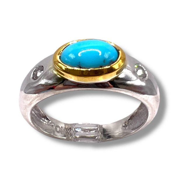 Persian Turquoise Diamond Ring | Silver & Vermeil sz 8.25