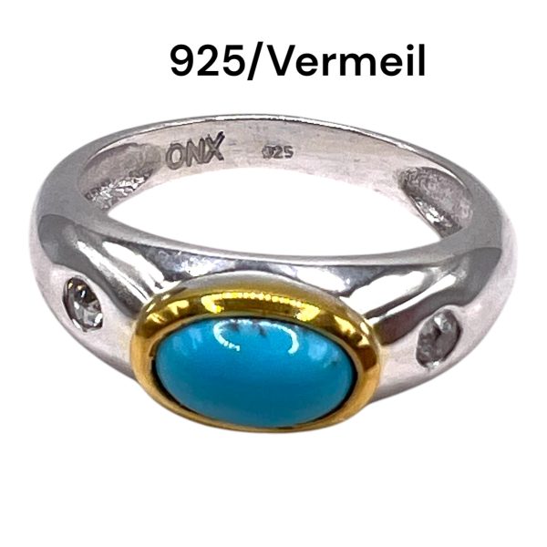 Persian Turquoise Diamond Ring | Silver & Vermeil sz 8.25 - Image 2