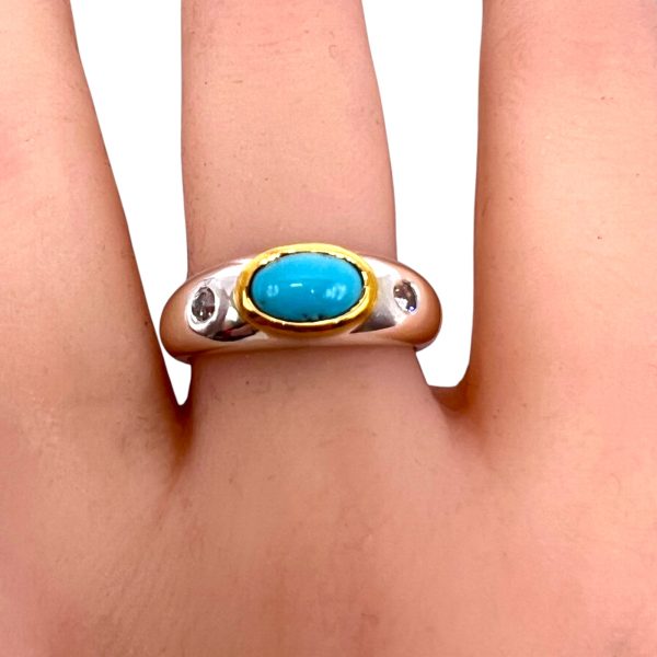 Persian Turquoise Diamond Ring | Silver & Vermeil sz 8.25 - Image 7