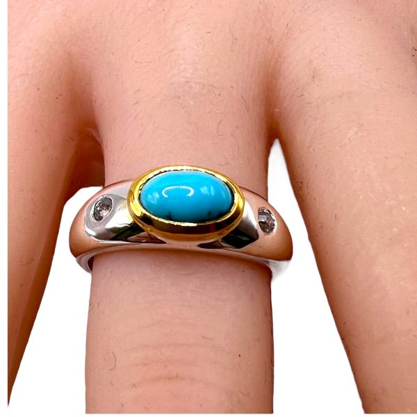 Persian Turquoise Diamond Ring | Silver & Vermeil sz 8.25 - Image 8