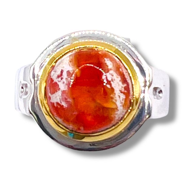 Reddish-Orange Mexican Fire Opal Ring | Silver & Gold, sz 9 - Image 13