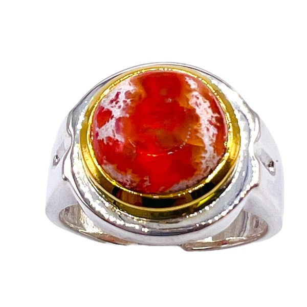 Reddish-Orange Mexican Fire Opal Ring | Silver & Gold, sz 9