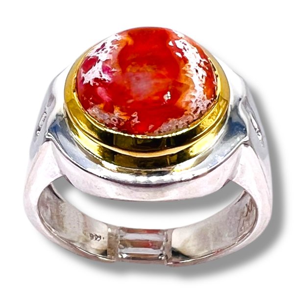 Reddish-Orange Mexican Fire Opal Ring | Silver & Gold, sz 9 - Image 3