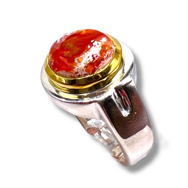 Reddish-Orange Mexican Fire Opal Ring | Silver & Gold, sz 9 - Image 5