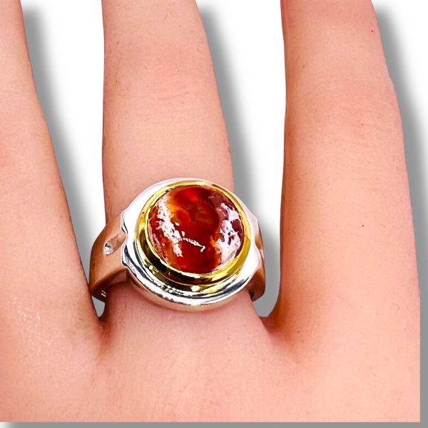 Reddish-Orange Mexican Fire Opal Ring | Silver & Gold, sz 9 - Image 9