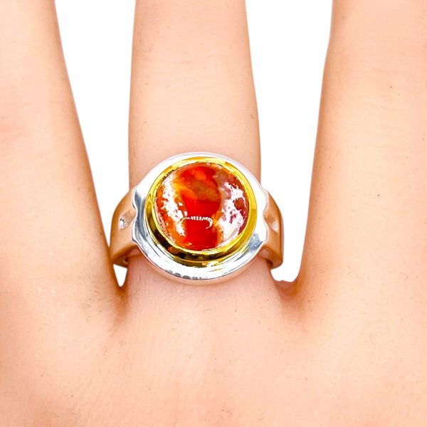 Reddish-Orange Mexican Fire Opal Ring | Silver & Gold, sz 9 - Image 10