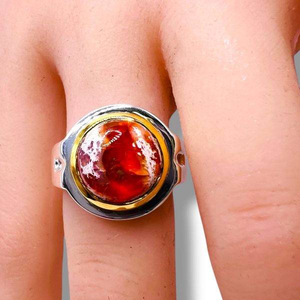 Reddish-Orange Mexican Fire Opal Ring | Silver & Gold, sz 9 - Image 12