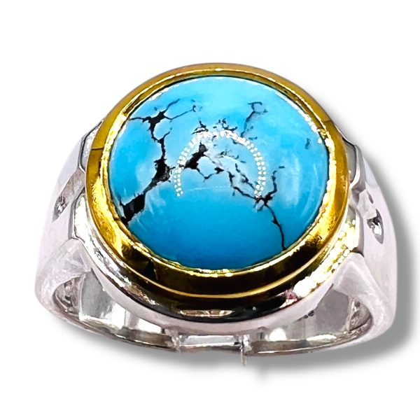 Round Blue Persian Turquoise Matrix Ring | Two-Toned, sz 11 - Image 2