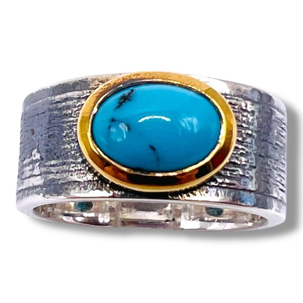 Blue Persian Turquoise Oval Ring | Silver & Gold Tone, sz 8