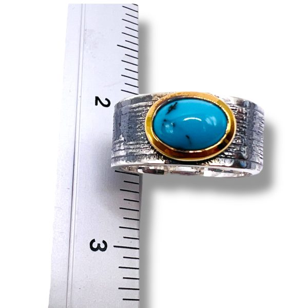 Blue Persian Turquoise Oval Ring | Silver & Gold Tone, sz 8 - Image 14