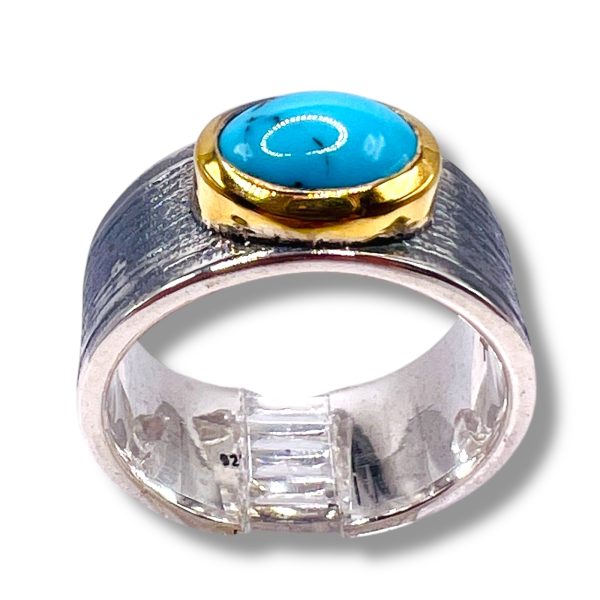 Blue Persian Turquoise Oval Ring | Silver & Gold Tone, sz 8 - Image 5