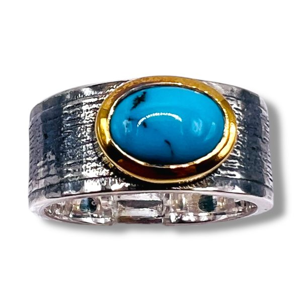 Blue Persian Turquoise Oval Ring | Silver & Gold Tone, sz 8 - Image 6