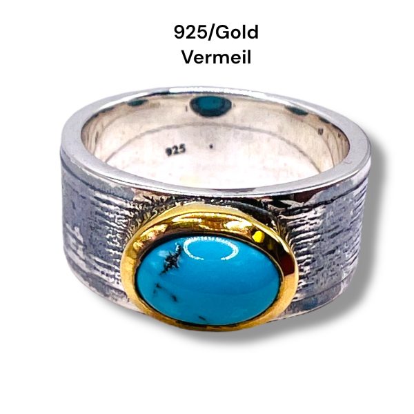 Blue Persian Turquoise Oval Ring | Silver & Gold Tone, sz 8 - Image 8