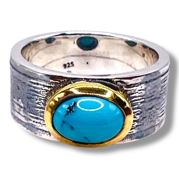 Blue Persian Turquoise Oval Ring | Silver & Gold Tone, sz 8 - Image 9