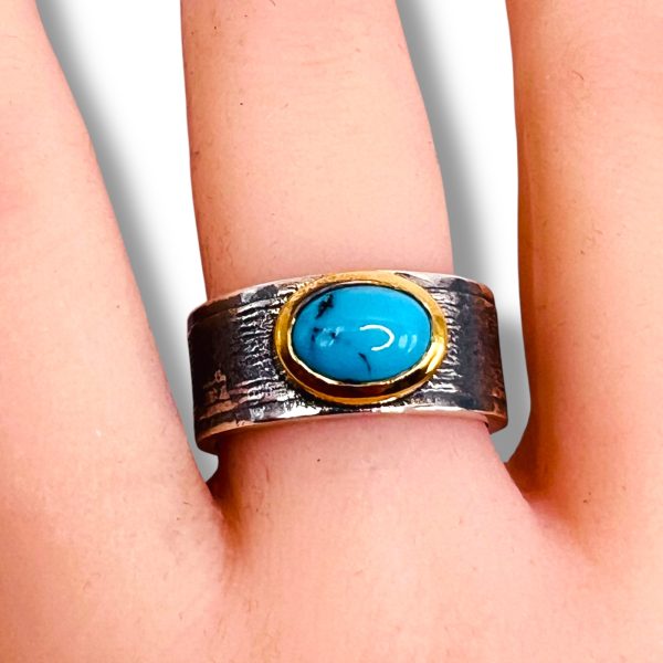 Blue Persian Turquoise Oval Ring | Silver & Gold Tone, sz 8 - Image 12