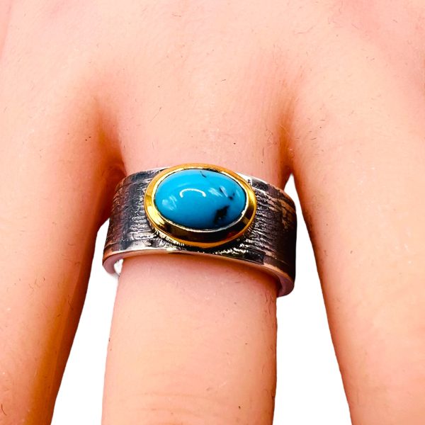 Blue Persian Turquoise Oval Ring | Silver & Gold Tone, sz 8 - Image 13