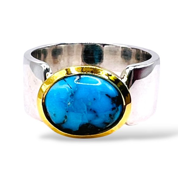 Persian Turquoise Matrix Ring | Silver & Gold Vermeil, sz 7 - Image 5