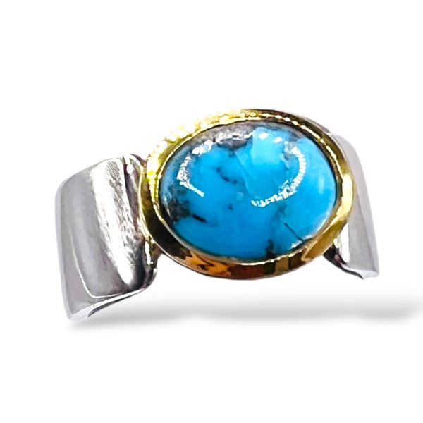 Persian Turquoise Matrix Ring | Silver & Gold Vermeil, sz 7 - Image 3