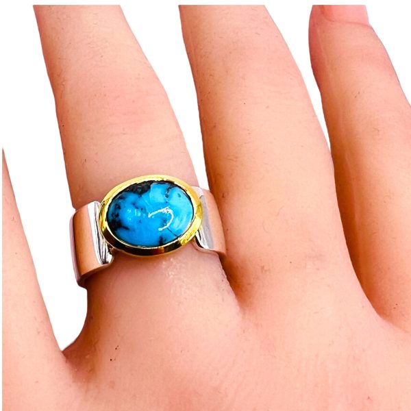 Persian Turquoise Matrix Ring | Silver & Gold Vermeil, sz 7 - Image 4