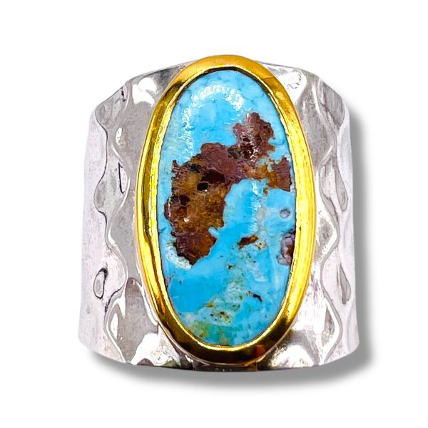 Persian Turquoise Sterling Silver Gold Vermeil Ring, sz 8.75