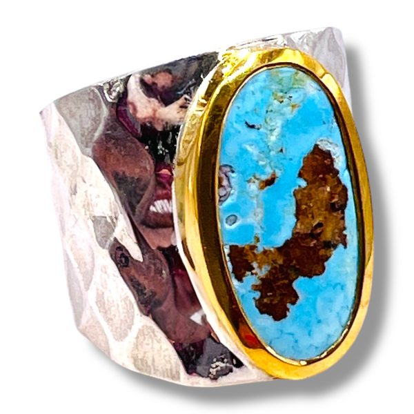 Persian Turquoise Sterling Silver Gold Vermeil Ring, sz 8.75 - Image 3