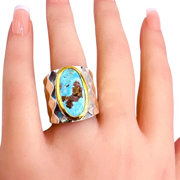 Persian Turquoise Sterling Silver Gold Vermeil Ring, sz 8.75 - Image 8