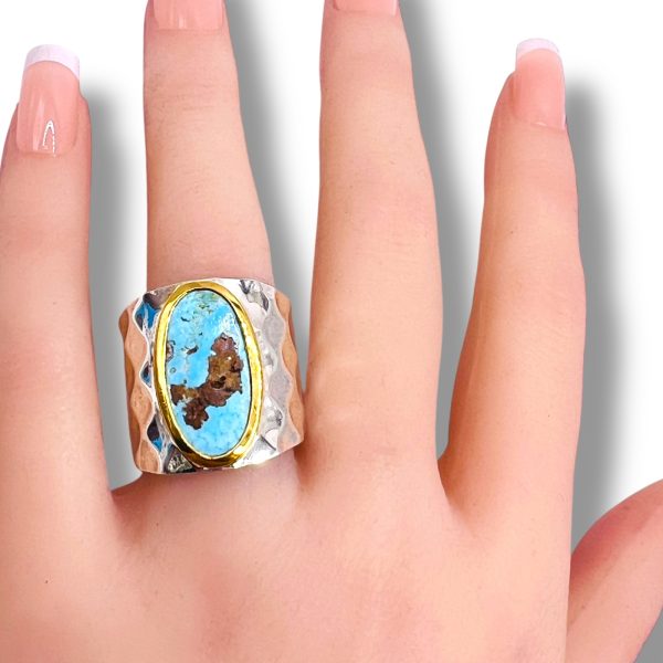 Persian Turquoise Sterling Silver Gold Vermeil Ring, sz 8.75 - Image 10