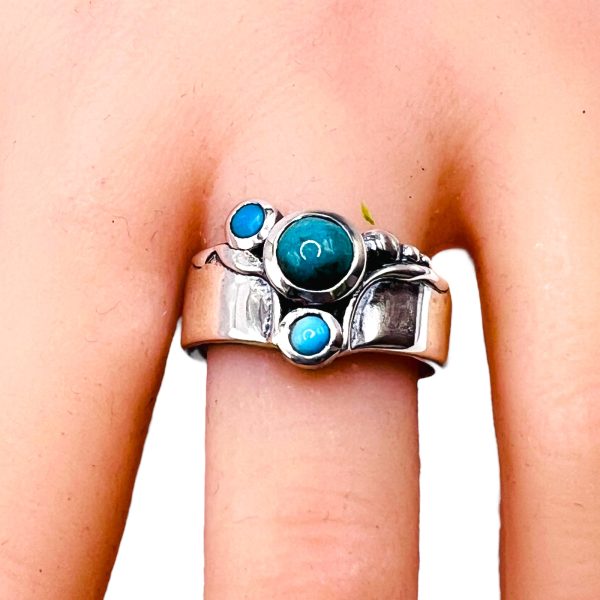 Multi-Stone Persian Turquoise Ring | Sterling Silver, sz 8 - Image 9