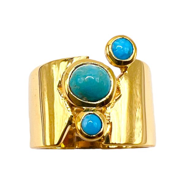 Wide Band Multi-Gemstone Turquoise Ring | Gold Plated sz 7