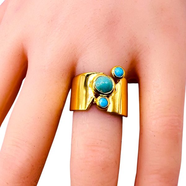 Wide Band Multi-Gemstone Turquoise Ring | Gold Plated sz 7 - Image 8