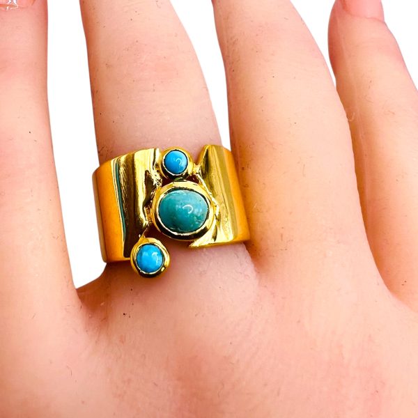 Wide Band Multi-Gemstone Turquoise Ring | Gold Plated sz 7 - Image 5