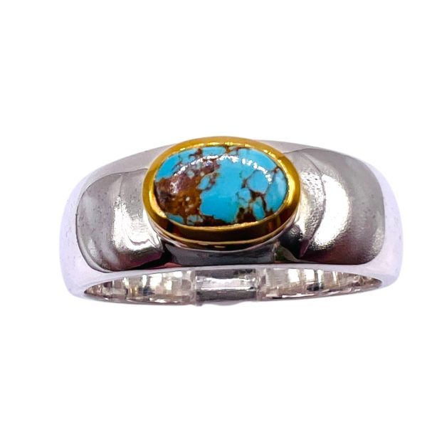 Persian Turquoise Brown Matrix Ring Silver & Gold, sz 9 - Image 11